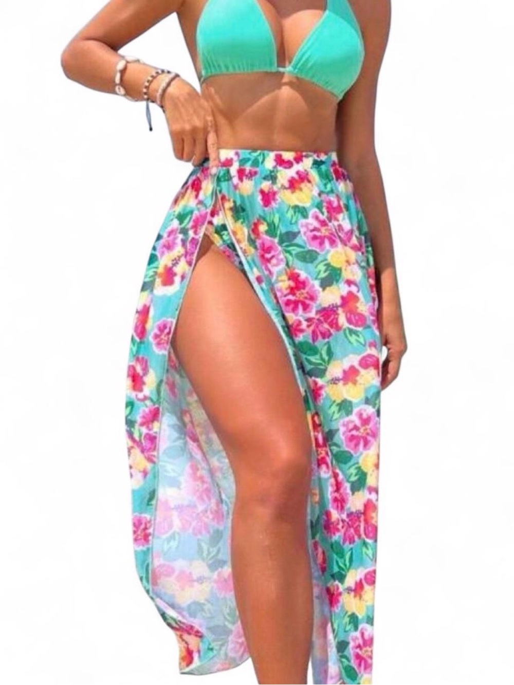 Turquoise Floral High-Slit Maxi Skirt